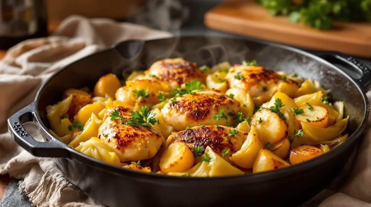 spidskål i fad med kylling og kartofler