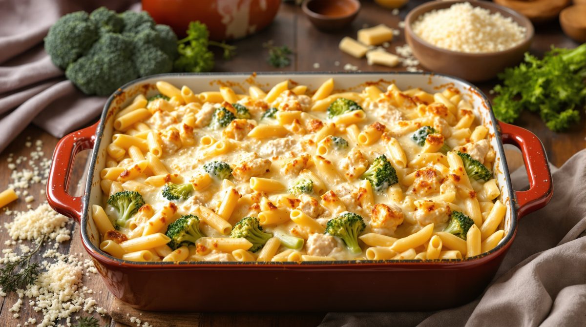 pasta i fad med kylling broccoli og mornaysauce