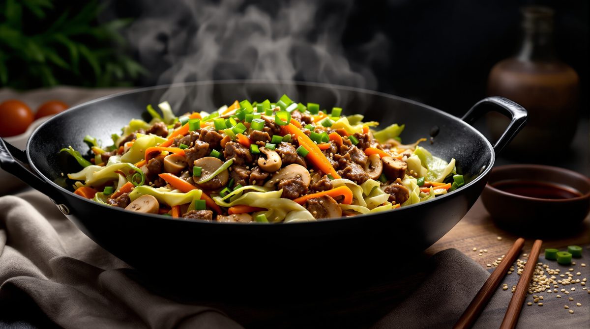 wok med hakket oksekød og spidskål