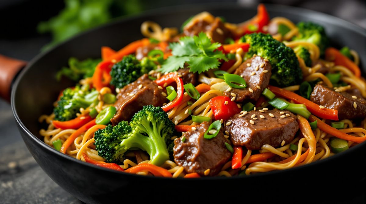 wok med oksekød og broccoli