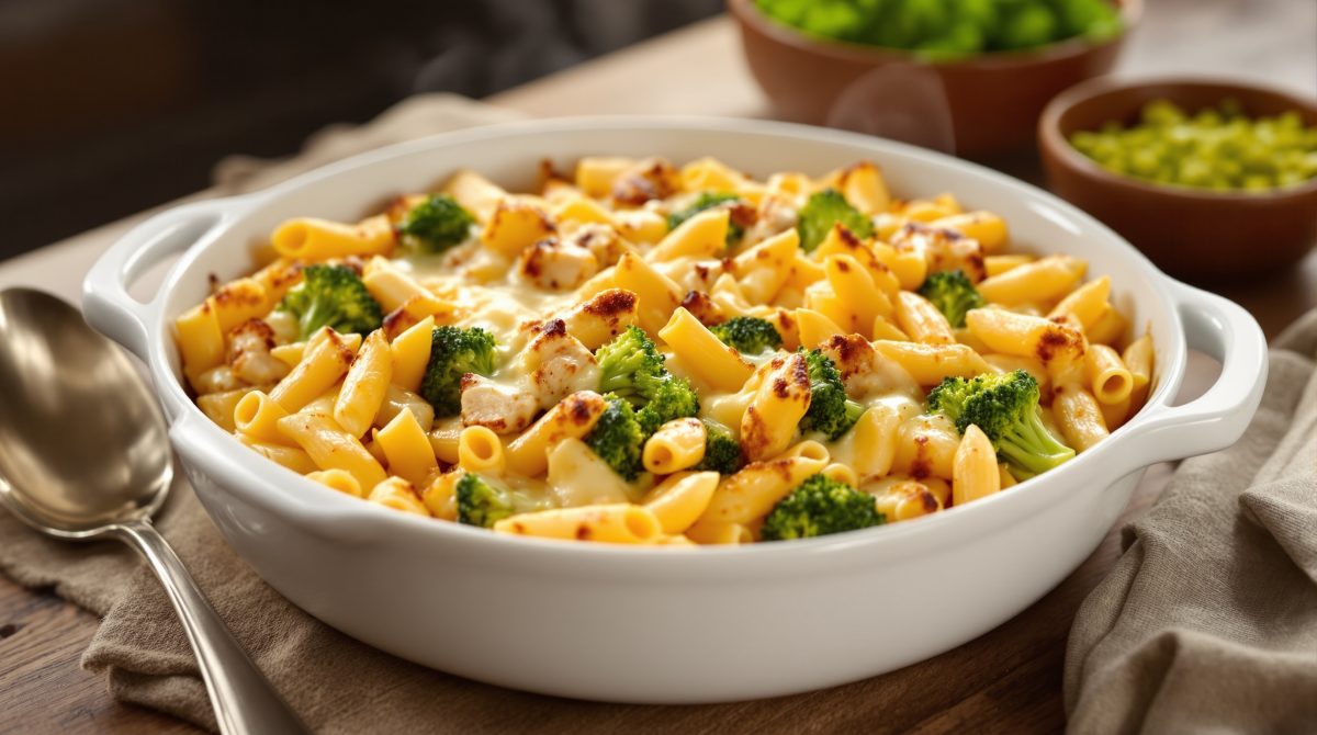 pasta i fad med kylling og broccoli