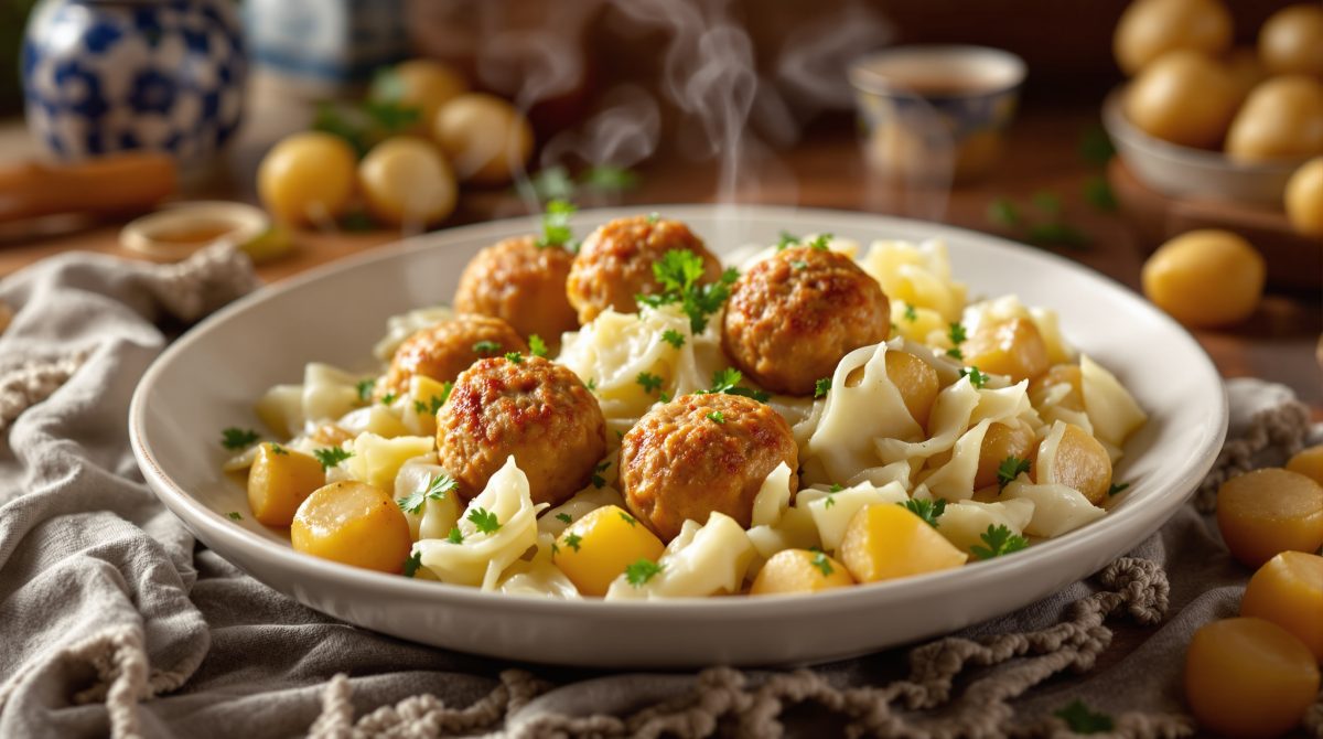frikadeller med stuvet hvidkål og kartofler